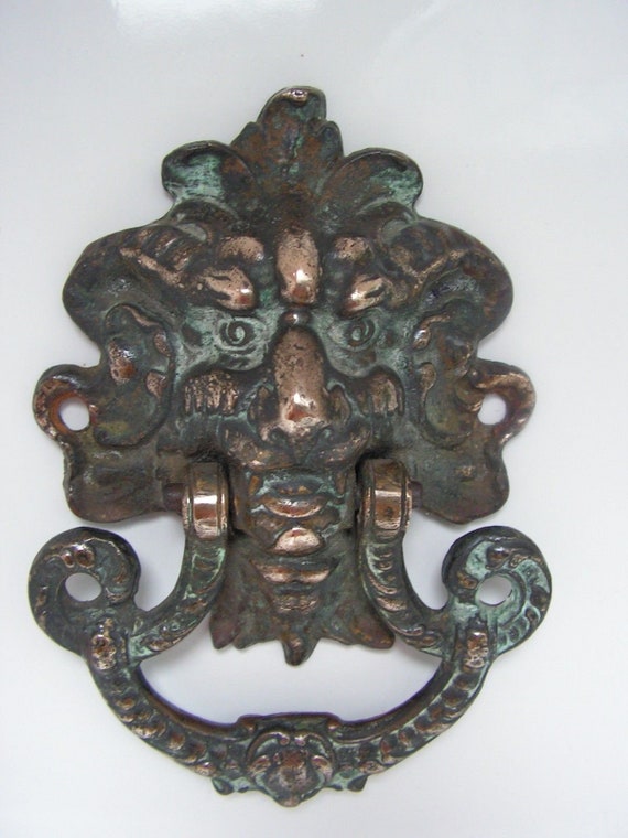 Antique French Bronze Door Knocker 1800s Greenman Satyr Image 0