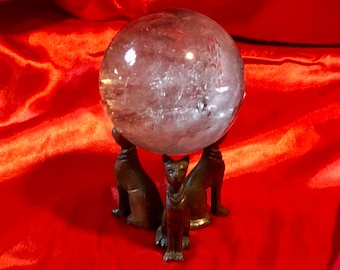 Clear Rainbow Smoky Topaz Scrying 'Crystal Ball' 96mm on Vintage Bronze Bast Bastet Cat Stand - Divination Witchcraft Psychic