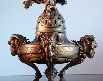 Rare Antique Napoleon III Gold Gilt-Bronze - Empire 'Bellier' Ram Headed Incense Burner (brûle-parfum) - Censer, Made in France