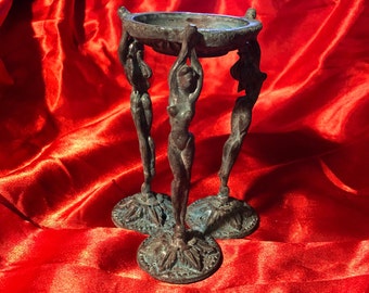 Vintage Art Nouveau Style Art - Bronze Incense Burner - Three Maidens - Pagan Goddess Wicca Witchcraft