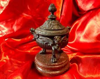 Antique Neoclassical Gothic Brule Parfum - Gargoyle/Beast/Bat/Demon Incense Burner/Urn/Censer -solid bronze on marble 1800s