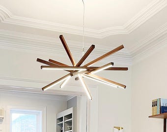 Houten VORTEX-kroonluchter, abstracte lineaire hanglamp, Scandinavische eetkamerhanger