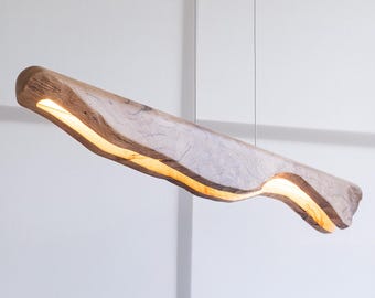 Oak Wood Wabi Sabi Light Fixture, Japandi Wooden Live Edge Chandelier For Dining Room, Unique Light For Dining Table and Kitchen | GRAVITY
