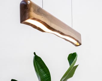Live Edge Walnut Wood Linear Chandelier, Japandi Wabi Sabi Linear Pendant Light Fixture, Organic Modern Pendant