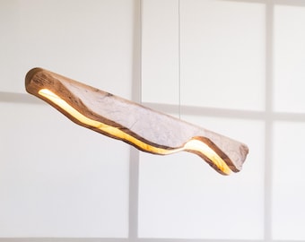 Oak Wood Wabi Sabi Light Fixture, Japandi Wooden Live Edge Chandelier For Dining Room, Unique Light For Dining Table and Kitchen | GRAVITY