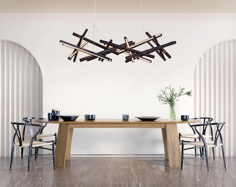 Handcrafted Wooden Chandelier, Modern Industrial Pendant Light, Wood Stick Scandinavian Dining Room Fixture