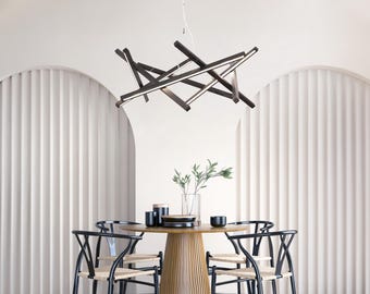 Handgemaakte houten kroonluchter | Moderne eetkamerverlichting, natuurlijke houtstructuur, led-armatuur
