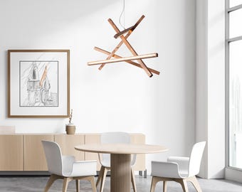 Houten abstracte kroonluchter met led-lijnen | NEBULA 5 moderne hangverlichting