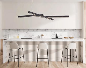 Moderne houten lineaire led-kroonluchter, hanglamp keukeneiland in loftstijl