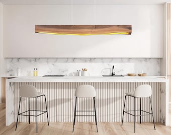 Walnut Live Edge hanglamp, kroonluchter in Japandi-stijl, minimalistische eetkamer, lineaire armatuur