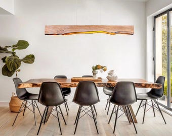 Oak Wood Rustic Light Fixture, Farmhouse Wooden Live Edge Chandelier For Dining Room, Unique Ceiling Light For Dining Table and Kitchen