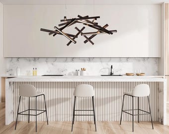 Houten hangkroonluchter, handgemaakte kunsthanglamp bliksem, eetkamer moderne hanglamp, Japandi-verlichting, interstellaire XL