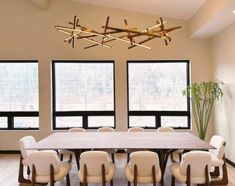 Handgemaakte houten kroonluchter – grote Japandi led-hanglamp voor eetkamer