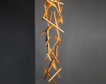Houten trapkroonluchter | Industriële houten lamp | Loft LED-verlichting | Moderne lange hanger | dimbare verlichting | Hoge houten kroonluchter