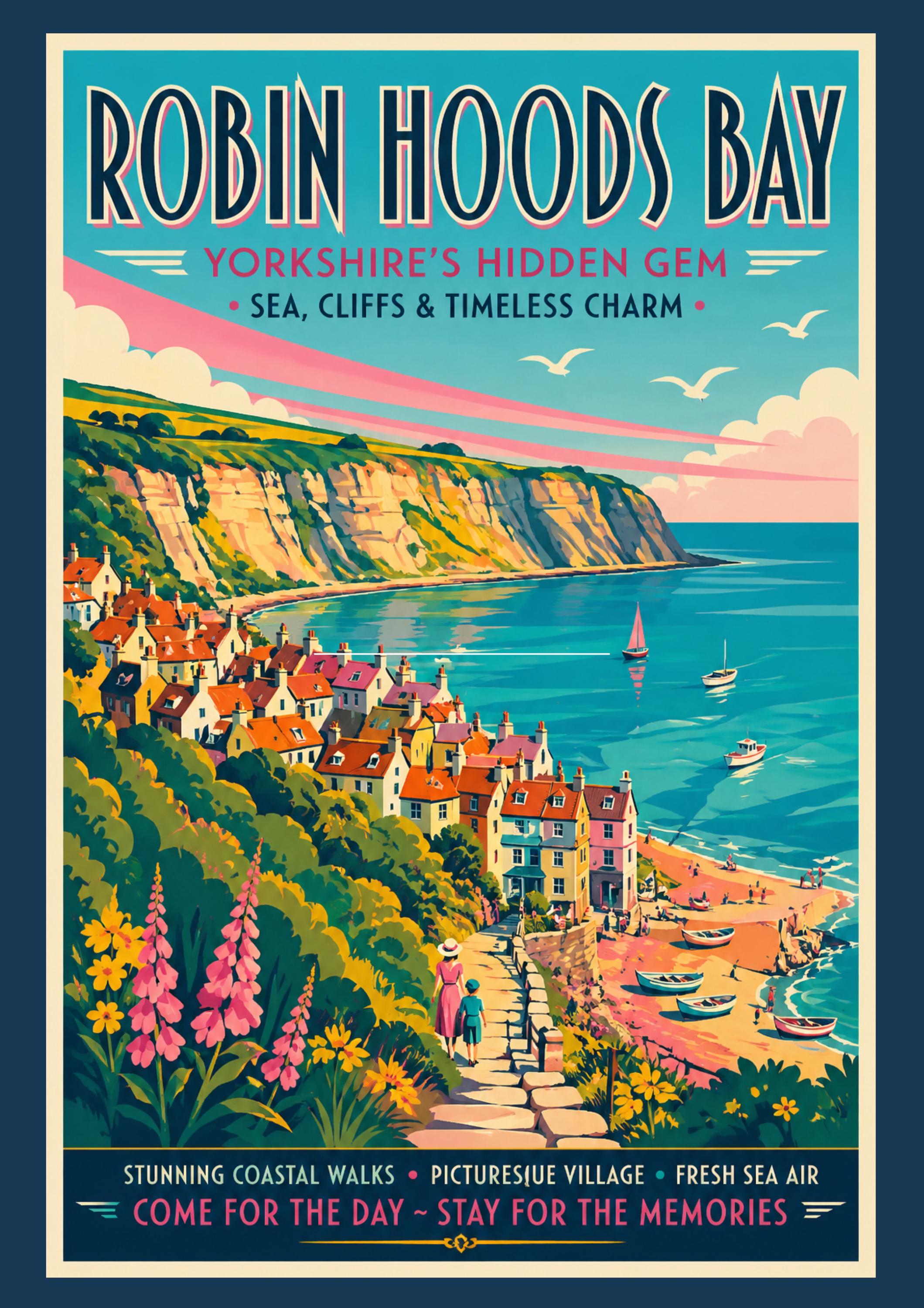 Robin Pier Robin Hoods Bay Poster | Retro UK Seaside Pier Wall Art - Vintage ...