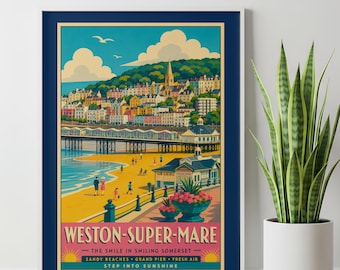 Weston -super-Mare Poster | Retro UK Seaside Pier Wall Art - Vintage, Sommerset, South West England