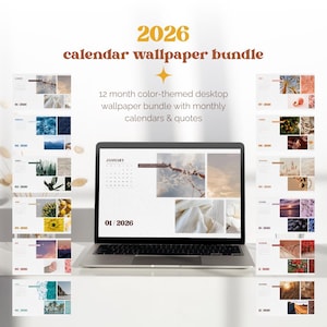 2026 Monthly Aesthetic Desktop Wallpaper Bundle | 12 Color-Themed Monthly Calendar Wallpapers with Quotes | Minimal Background Set