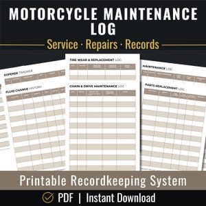 Pode incluir: Um diário de manutenção de motocicletas imprimível com seções para serviço, reparos e registros. O diário inclui rastreamento de despesas, histórico de troca de fluidos, desgaste de pneus, manutenção de corrente e transmissão e registros de substituição de peças. O texto diz "MOTORCYCLE MAINTENANCE LOG".