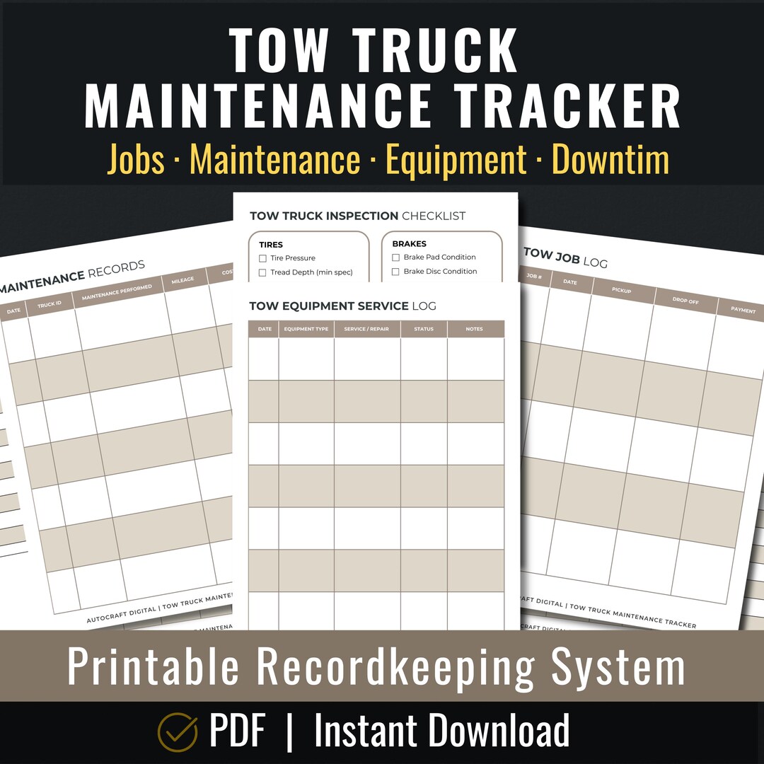 Tow Truck Maintenance Log, Job Service Equipment Tracker (PDF Download ...