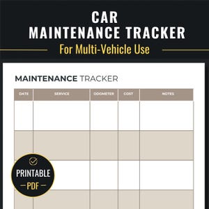 May include: A printable PDF car maintenance tracker with a black and white design. The top of the page reads "CAR MAINTENANCE TRACKER For Multi-Vehicle Use." The tracker includes sections for date, service, odometer, cost, and notes.
