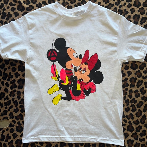 One of a kind limited colorway color version hand painted Mickey n Minnie seditionaries PUNK shirt by aDDICTED tO cHAOS