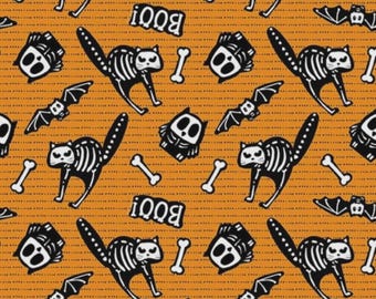 Halloween Stoff GLOW GHOSTS (Glow in the Dark) Tossed Bones & Skeletttiere Schwarz/Orange - von Henry Glass - 100% Baumwollgewebestoff