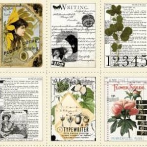 May include: A collage of vintage-style images featuring floral designs, writing, numbers, and a butterfly. The images are printed on paper with a distressed look and have a rustic, antique aesthetic.