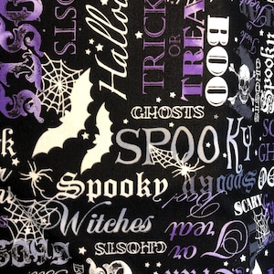 Halloween Fabric Spooky Words (Glow in the Dark) Purple and Black and white - 100% Cotton Woven Fabric