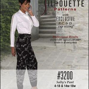 May include: A black and white patterned pant sewing pattern, called "Sally's Pant", for sizes 4-18 and 14w-18w. The pattern includes exclusive B, C, and D cup sizing. The pattern is shown with a white blouse.