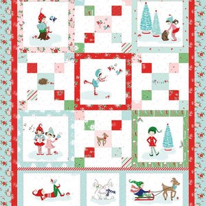 May include: A Christmas-themed quilt with a floral border and a patchwork design. The quilt features various squares with illustrations of elves, Christmas trees, and reindeer in a whimsical style. The color palette includes red, green, and blue.