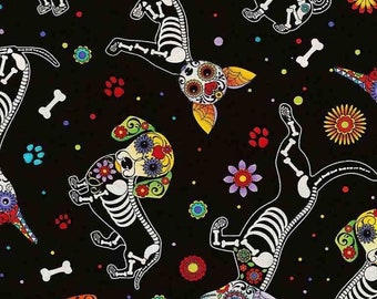 Tela de perros del Día de los Muertos de Timeless Treasures - Estampado de cachorros adorables - 100 % algodón