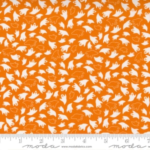 May include: Orange fabric featuring a repeating pattern of white ghost outlines. The ghosts have simple, friendly faces and are scattered across the fabric. Ideal for Halloween-themed crafts and projects.