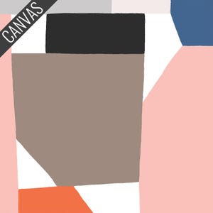 Puede incluir: Impresión en lienzo de arte abstracto con formas geométricas en tonos grises, negro, marrón, rosa, naranja y azul. La palabra "CANVAS" está impresa en diagonal en la esquina superior izquierda en texto blanco sobre fondo negro.