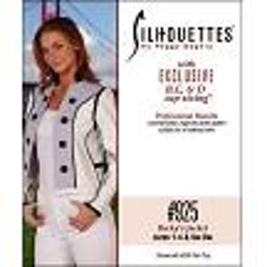 May include: A woman wearing a white jacket with black trim and large black buttons. The jacket has a light blue collar and cuffs. The image includes text that reads "Silhouettes by Peter White" and "Exclusive B, C & D cup sizing."