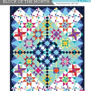 May include: A vibrant quilt with a geometric star design. The quilt incorporates shades of blue, teal, pink, orange, and purple. The finished quilt size is 173 cm x 216 cm. The text "DAZZLE" and "BLOCK OF THE MONTH" are visible.