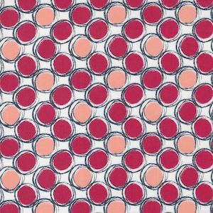 May include: A white fabric with a repeating pattern of pink and red circles outlined in black. The circles are arranged in a diagonal pattern.