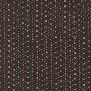 May include: A dark brown fabric featuring a repeating pattern of small, vertical stripes composed of tiny, alternating pink and golden-yellow flowers. The floral design is interspersed with small, subtle green leaf accents arranged in a grid.