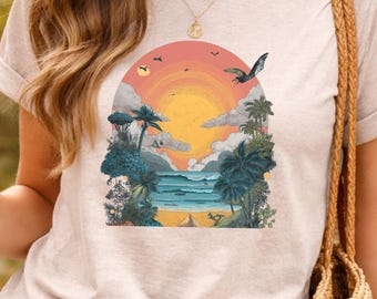 Camiseta Comfort Colors® con estampado de escena de playa y puesta de sol tropical teñida en prenda, camisetas, camiseta de resistencia, camiseta ambiental, camiseta para vacaciones familiares