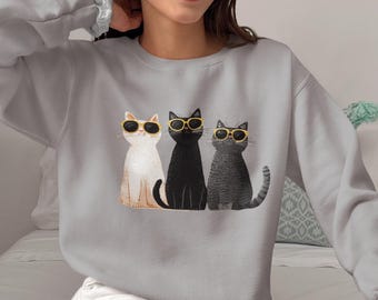 Sudadera con estampado de tres gatos con gafas de sol, jersey de cuello redondo con estampado veraniego, jersey con estampado felino.