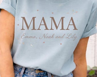 Regalo para el Día de la Madre de Comfort Colors®, Camiseta personalizada para mamá con los nombres de los hijos, Camiseta personalizada para mamá, Regalo para mamá, Camiseta con corazón para mamá