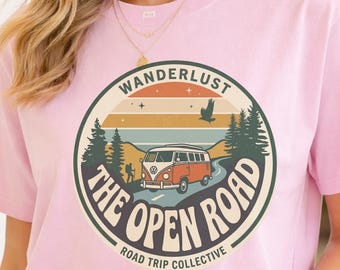 Camiseta Wanderlust Retro Sunset Van, camiseta de aventura en carretera abierta, vacaciones en grupo, las personas por encima de las ganancias, camiseta de fauna local, ropa de camping