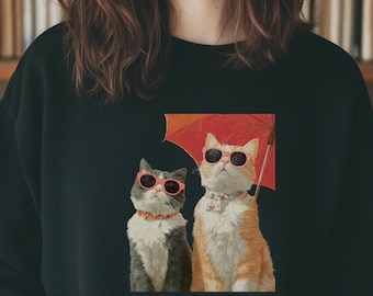Sudadera retro con estampado de gato, cuello redondo con gráfico vintage, regalo para amantes de los gatos.