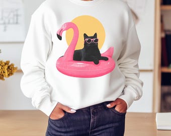 Sudadera Black Cat Flamingo Pool Float, Summer Vacation Vibes con cuello redondo