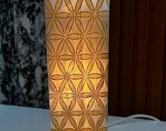 Selenite Crystal Lamp – Golden Flower of Life Engraved Tower, Spiritual Home Decor
