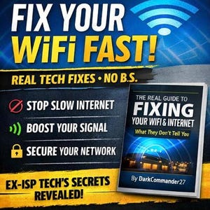 May include: A book cover with the title "FIX YOUR WIFI FAST!" in yellow and white text against a blue background. The book promises "REAL TECH FIXES" and addresses slow internet, signal boosting, and network security. The book is titled "The Real Guide to Fixing Your WiFi & Internet".
