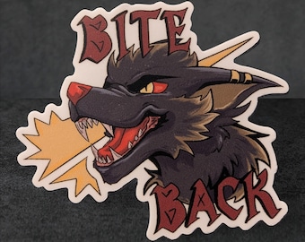 May include: A sticker depicting a black wolf with red eyes and an open mouth, showing its teeth. The sticker has the words "BITE BACK" in a stylized font. A yellow burst of energy comes from the wolf's mouth.