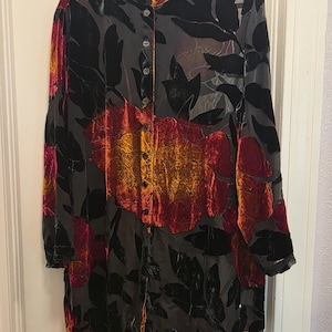Whimsigoth Chico's Design Silk Rayon Devore Velvet Flower Button Up Shirt Plus 3