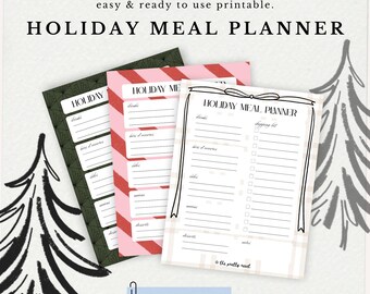 Puede incluir: Tres planificadores de comidas navideñas imprimibles. Uno es verde con un patrón geométrico, otro es rosa con rayas diagonales rojas y el tercero es beige con un diseño de cuadros. Cada planificador tiene espacio para bebidas, guarniciones y postres.