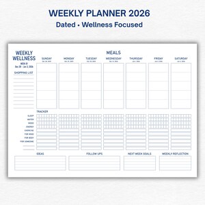 Planificador semanal 2026 imprimible / Planificador de bienestar con fecha / Inicio en domingo / A4 + Carta