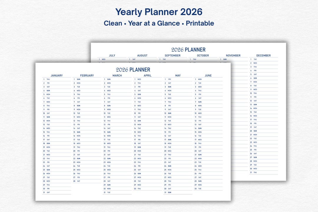 2026 Yearly Planner Printable | Year at a Glance | 2 Page Spread ...